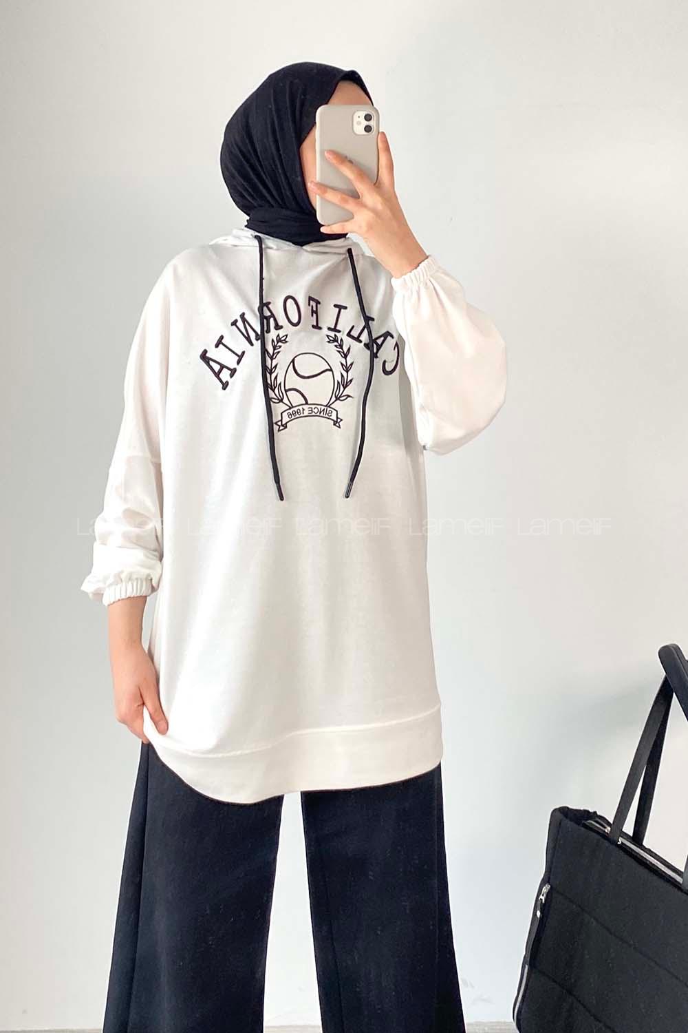 Modalamelif California Nakışlı Kapüşonlu Sweat Beyaz