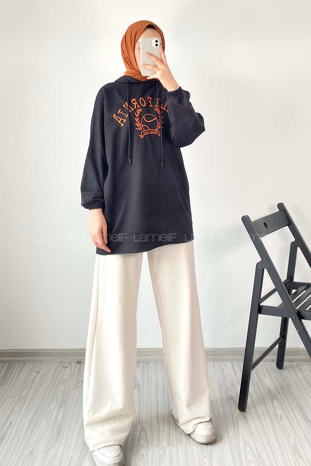 Modalamelif California Nakışlı Kapüşonlu Sweat Siyah