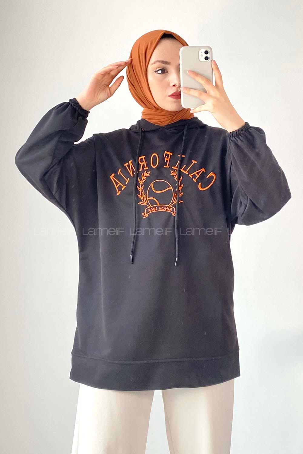 Modalamelif California Nakışlı Kapüşonlu Sweat Siyah