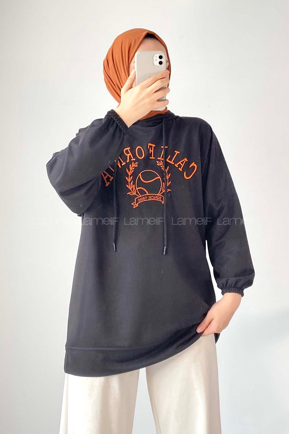 Modalamelif California Nakışlı Kapüşonlu Sweat Siyah