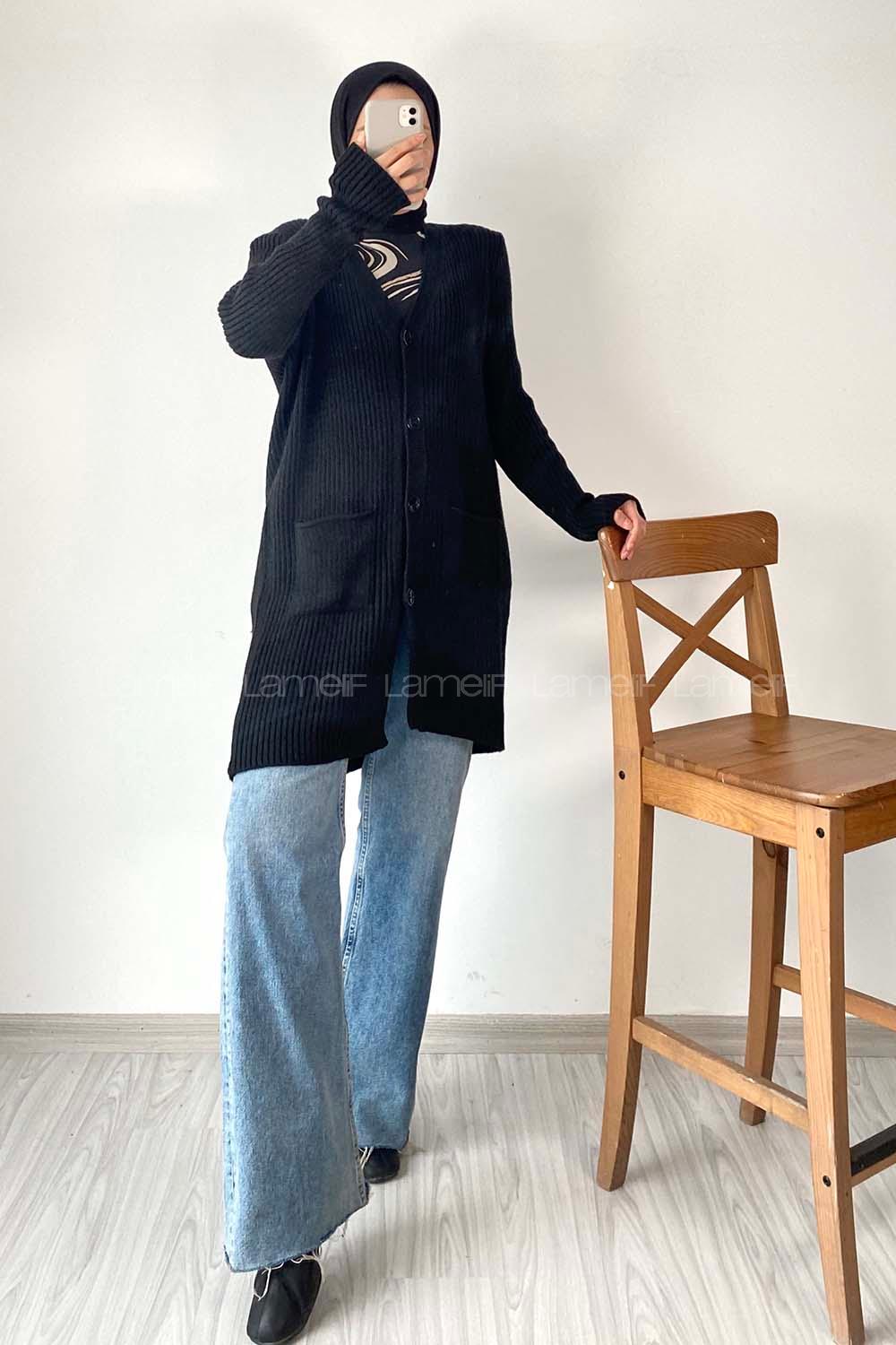 Modalamelif Düğme Detaylı Çift Cepli Triko Hırka Siyah