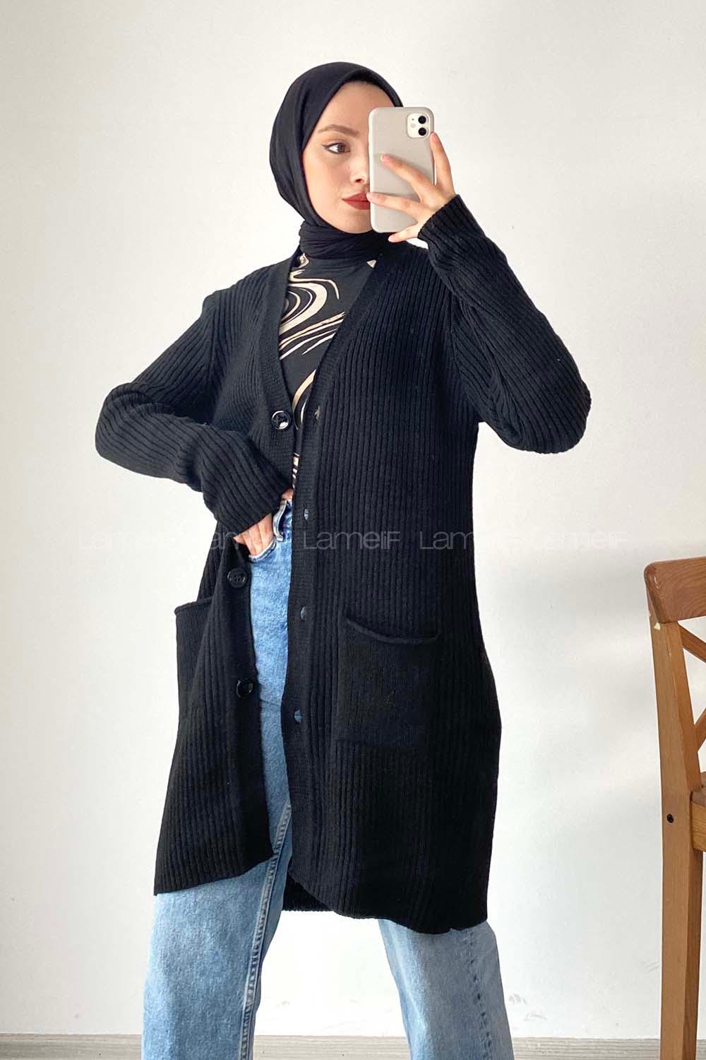 Modalamelif Düğme Detaylı Çift Cepli Triko Hırka Siyah