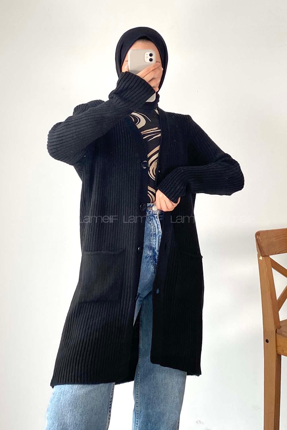 Modalamelif Düğme Detaylı Çift Cepli Triko Hırka Siyah