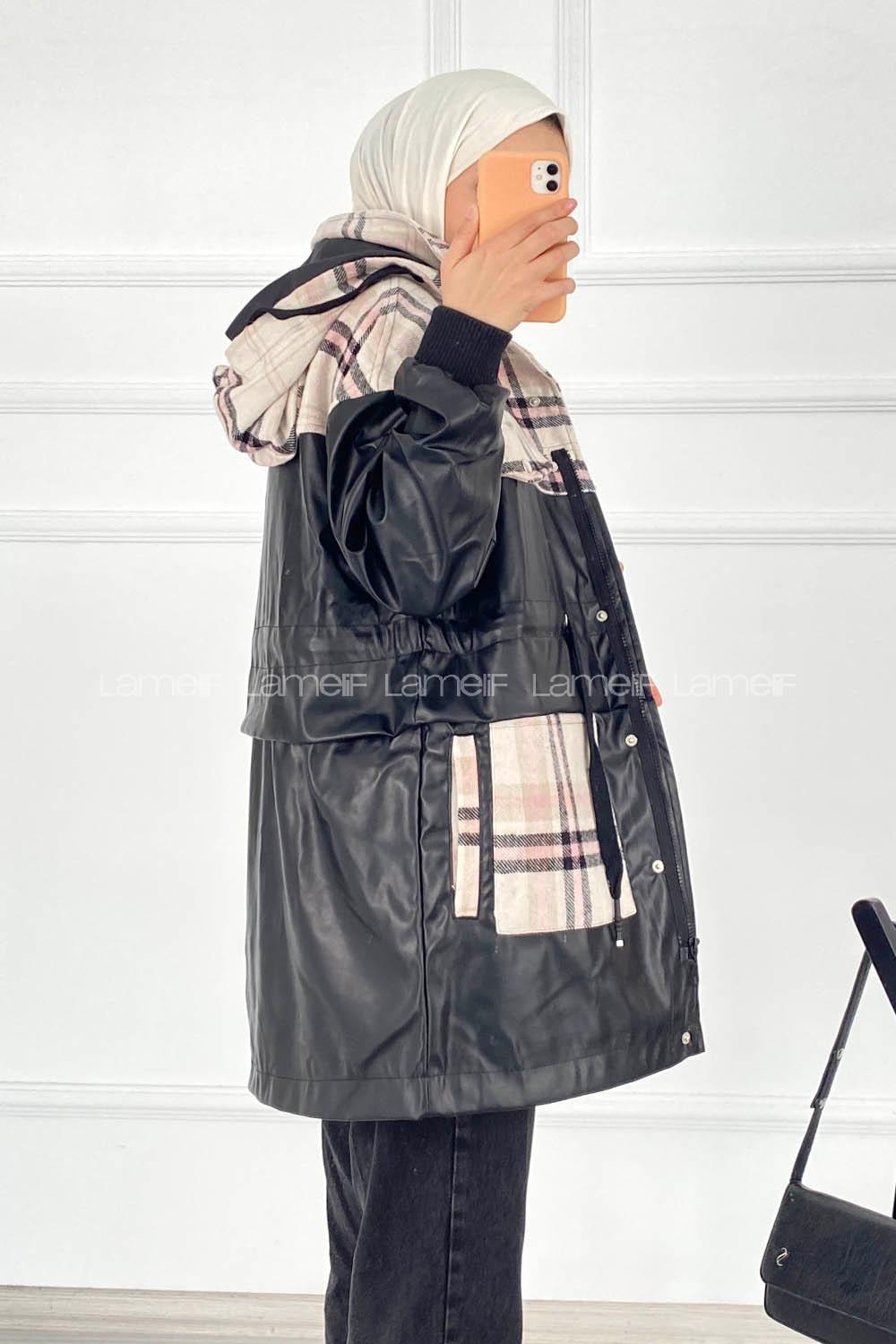 Modalamelif Ekose ve Deri Garnili Kapüşon Detaylı Ceket Taş-Pudra