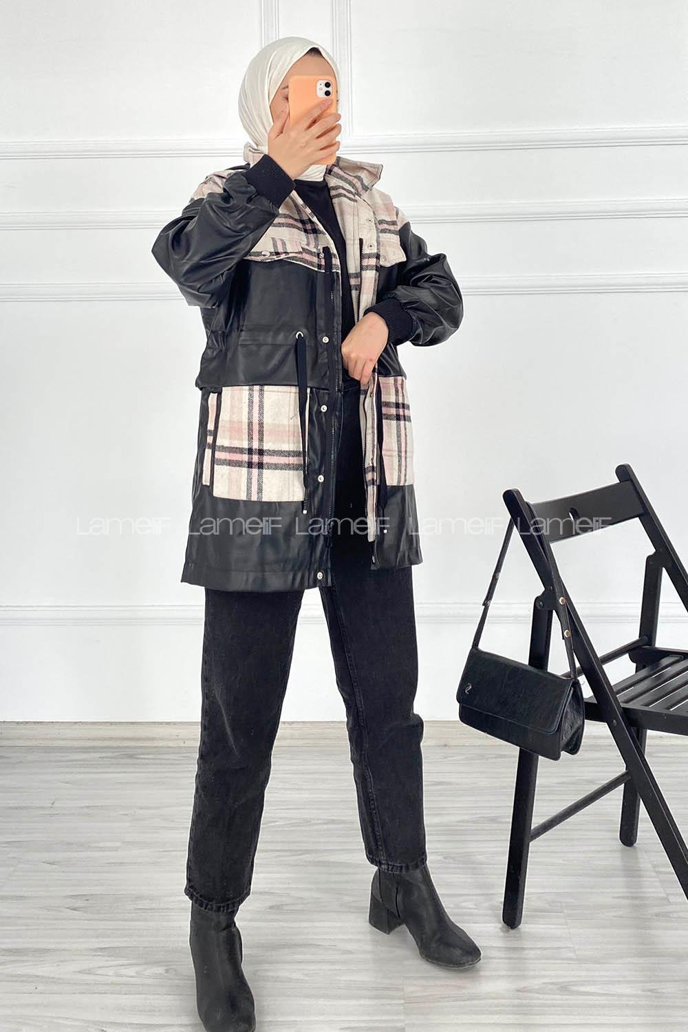 Modalamelif Ekose ve Deri Garnili Kapüşon Detaylı Ceket Taş-Pudra