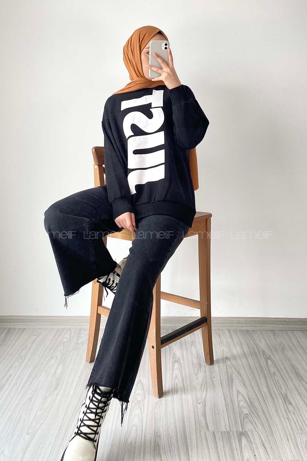 Modalamelif Just Yazı Baskılı Sweat Siyah