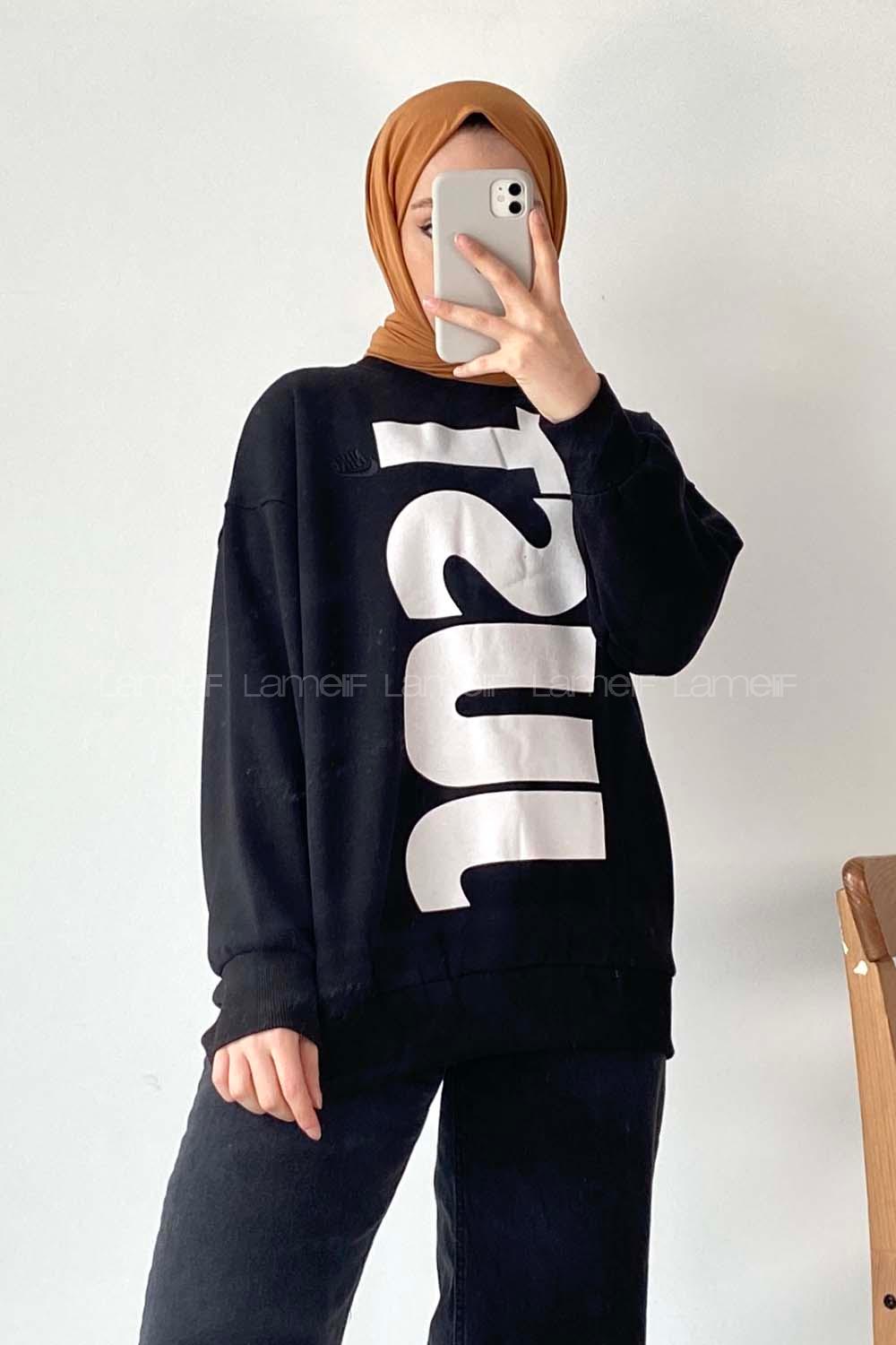 Modalamelif Just Yazı Baskılı Sweat Siyah