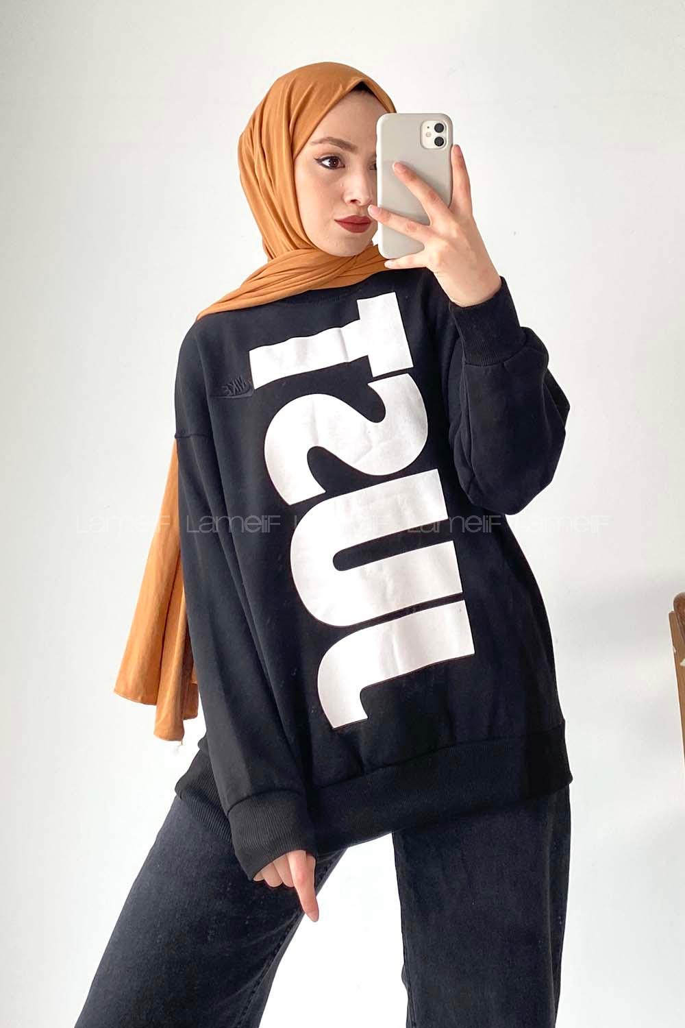 Modalamelif Just Yazı Baskılı Sweat Siyah