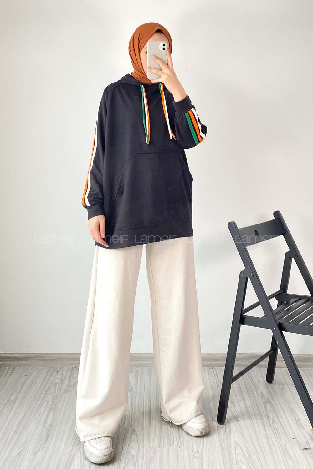 Modalamelif Kolları 3 Renk Garnili Biyeli Kapüşonlu Sweat Siyah