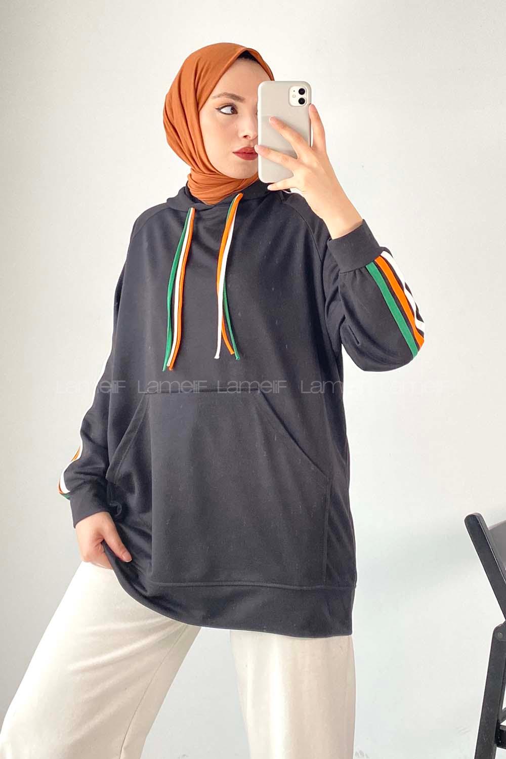 Modalamelif Kolları 3 Renk Garnili Biyeli Kapüşonlu Sweat Siyah