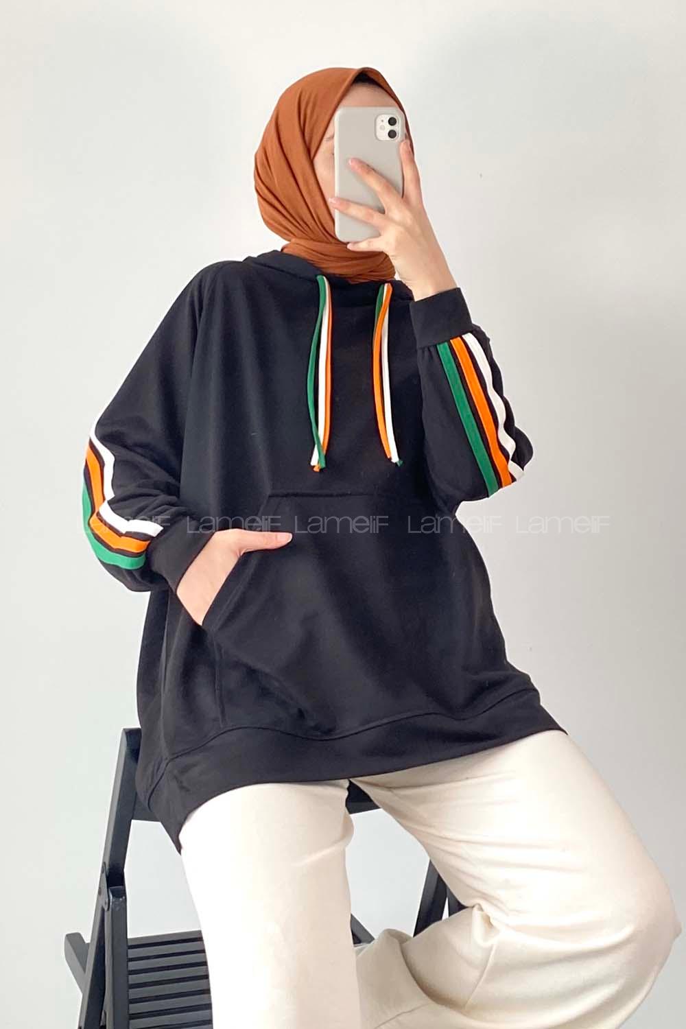 Modalamelif Kolları 3 Renk Garnili Biyeli Kapüşonlu Sweat Siyah