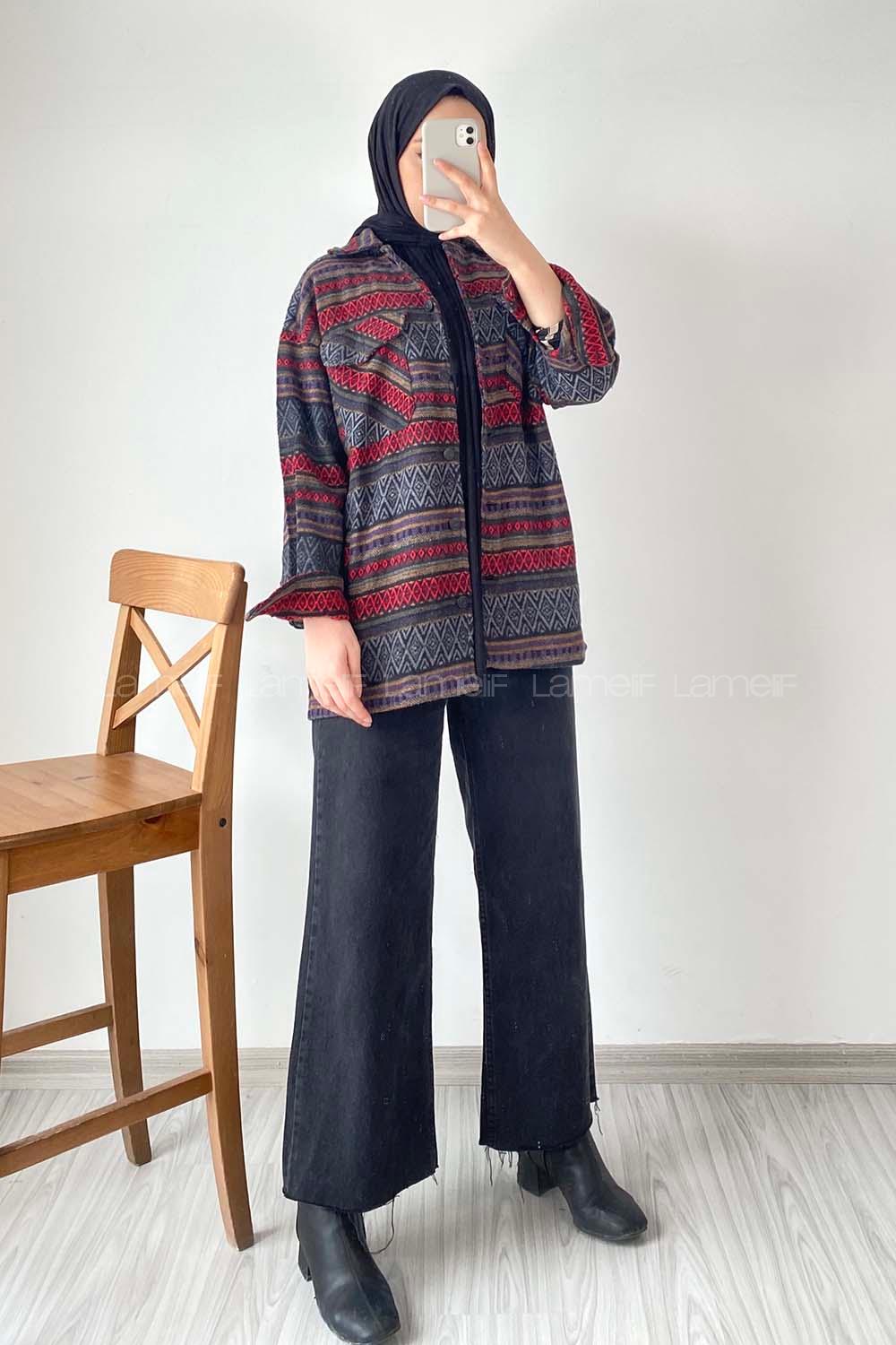 Modalamelif Oduncu Etnik Desen Gömlek Gri-Kırmızı