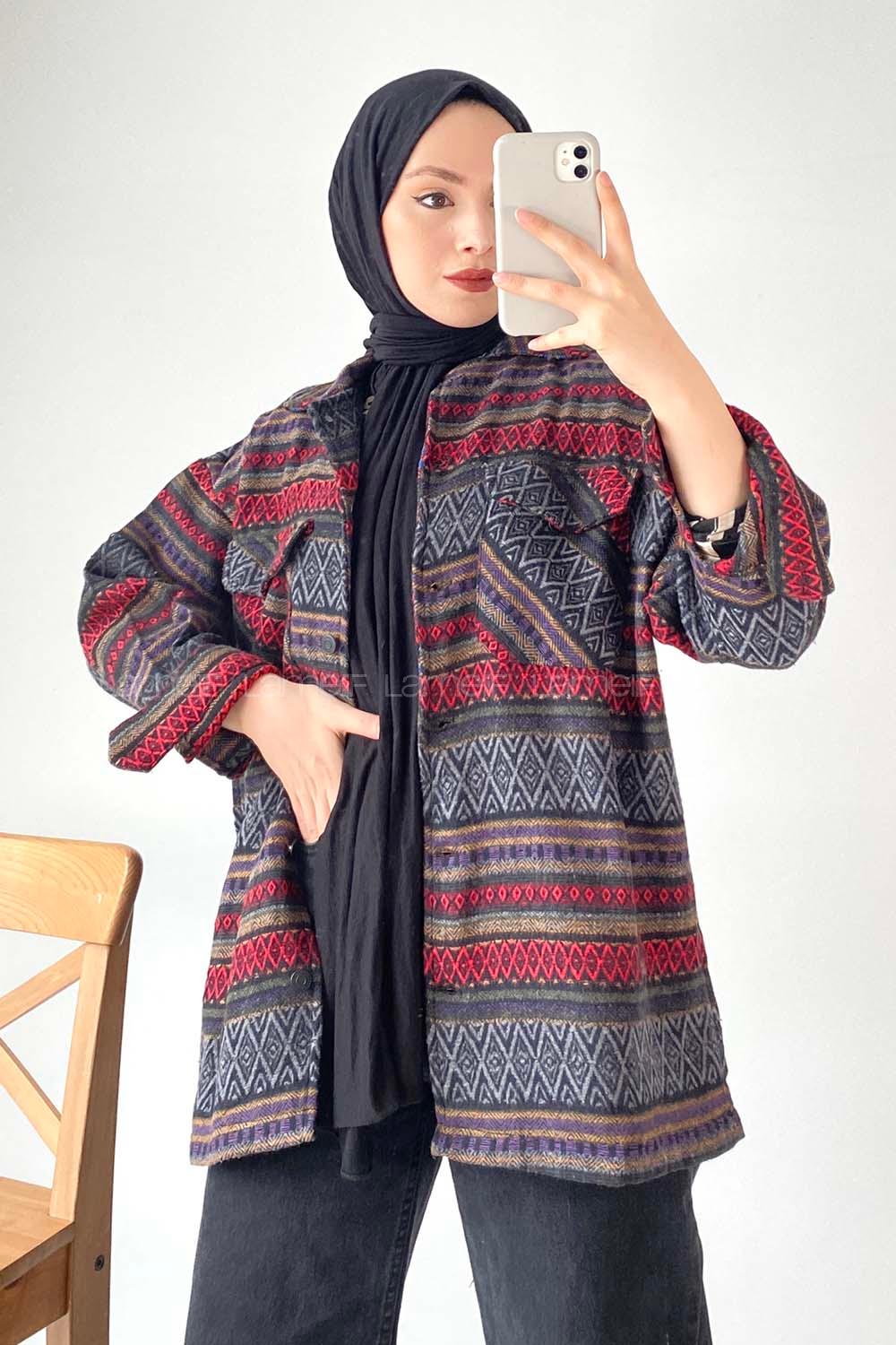 Modalamelif Oduncu Etnik Desen Gömlek Gri-Kırmızı