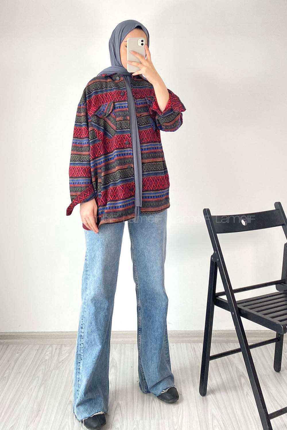 Modalamelif Oduncu Etnik Desen Kırmızı-Mavi