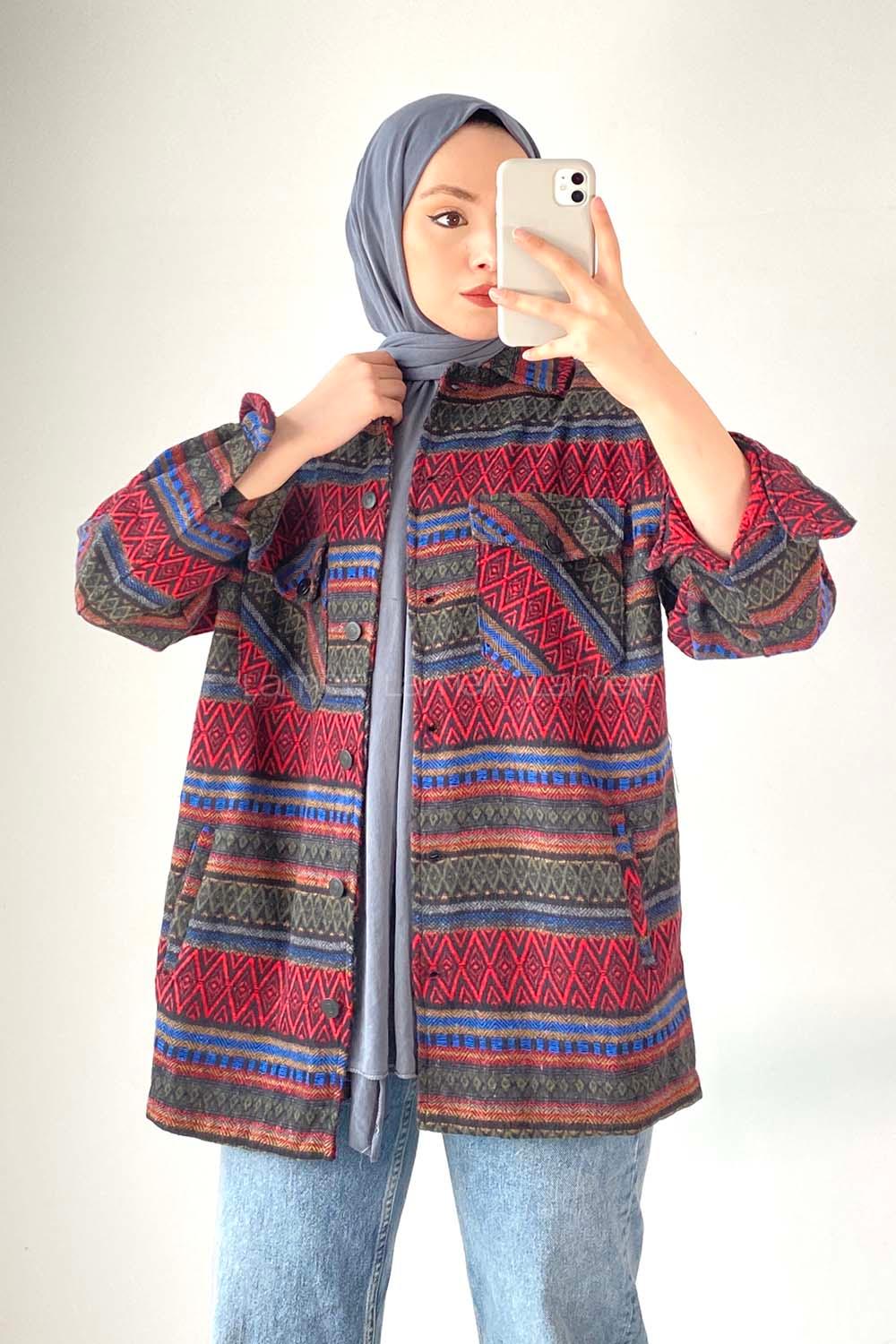 Modalamelif Oduncu Etnik Desen Kırmızı-Mavi