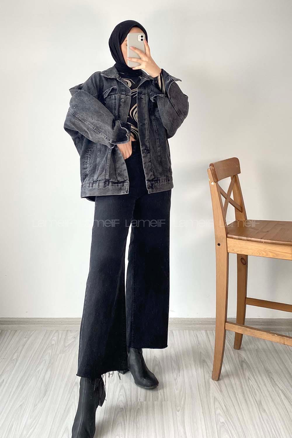 Modalamelif Önü Düğmeli Çift Cepli Sırt Baskılı Kot Ceket Füme