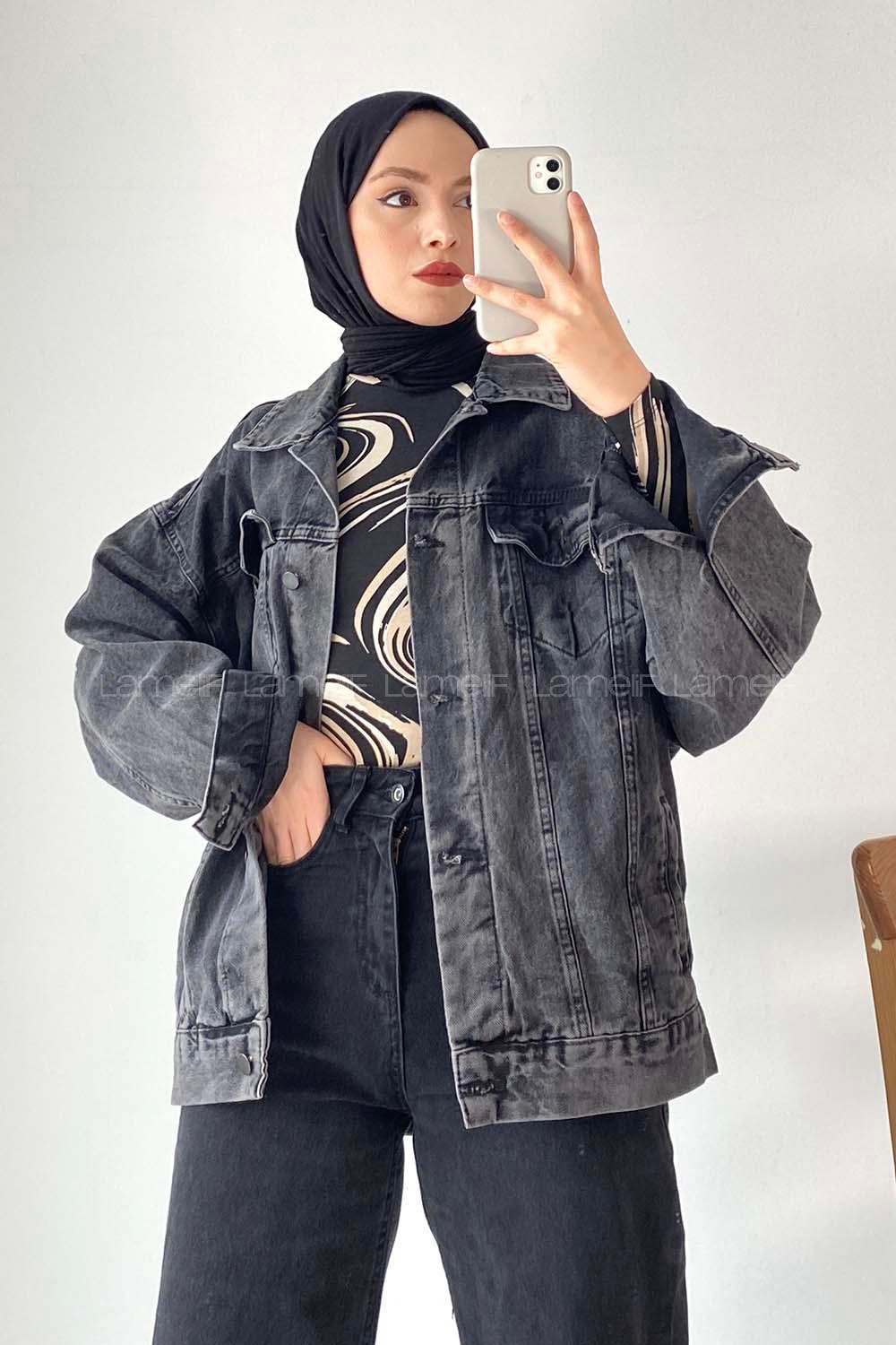 Modalamelif Önü Düğmeli Çift Cepli Sırt Baskılı Kot Ceket Füme