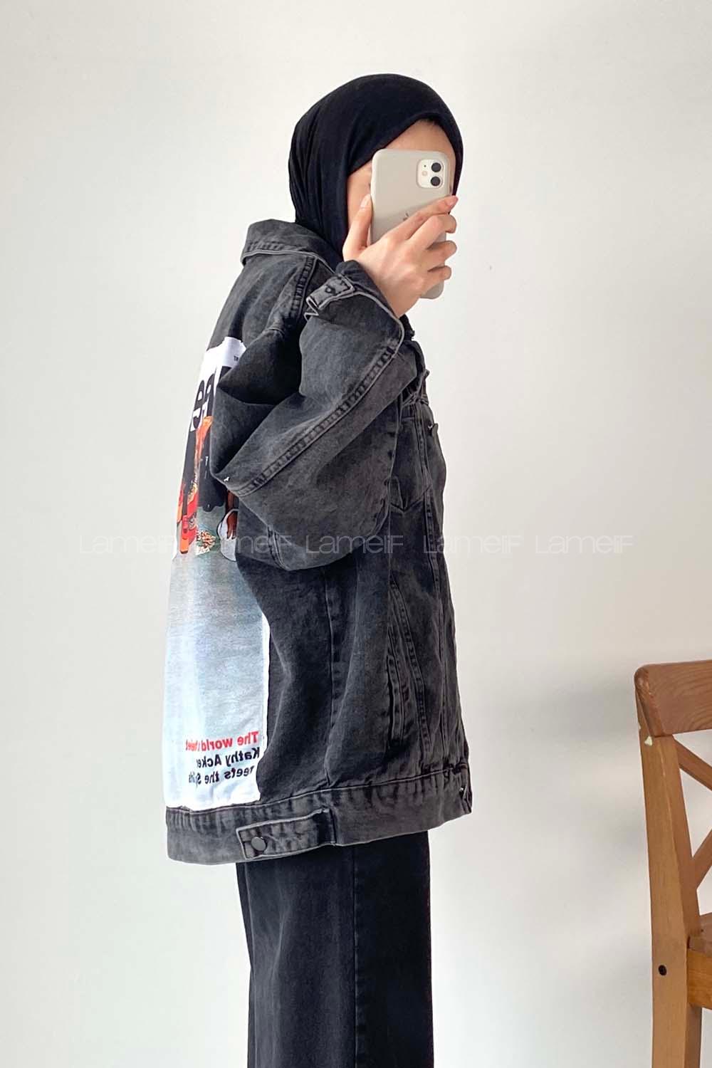 Modalamelif Önü Düğmeli Çift Cepli Sırt Baskılı Kot Ceket Füme