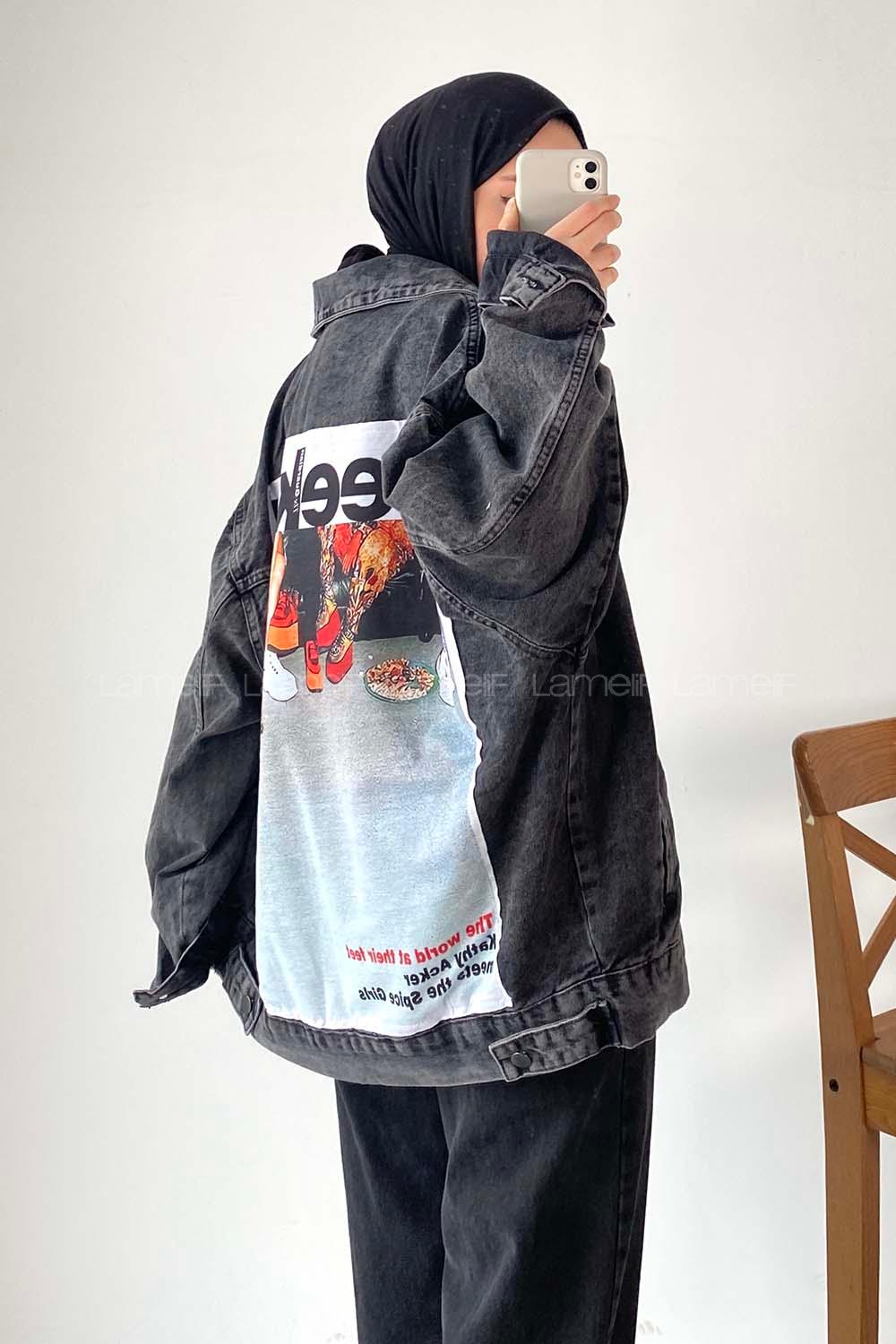 Modalamelif Önü Düğmeli Çift Cepli Sırt Baskılı Kot Ceket Füme