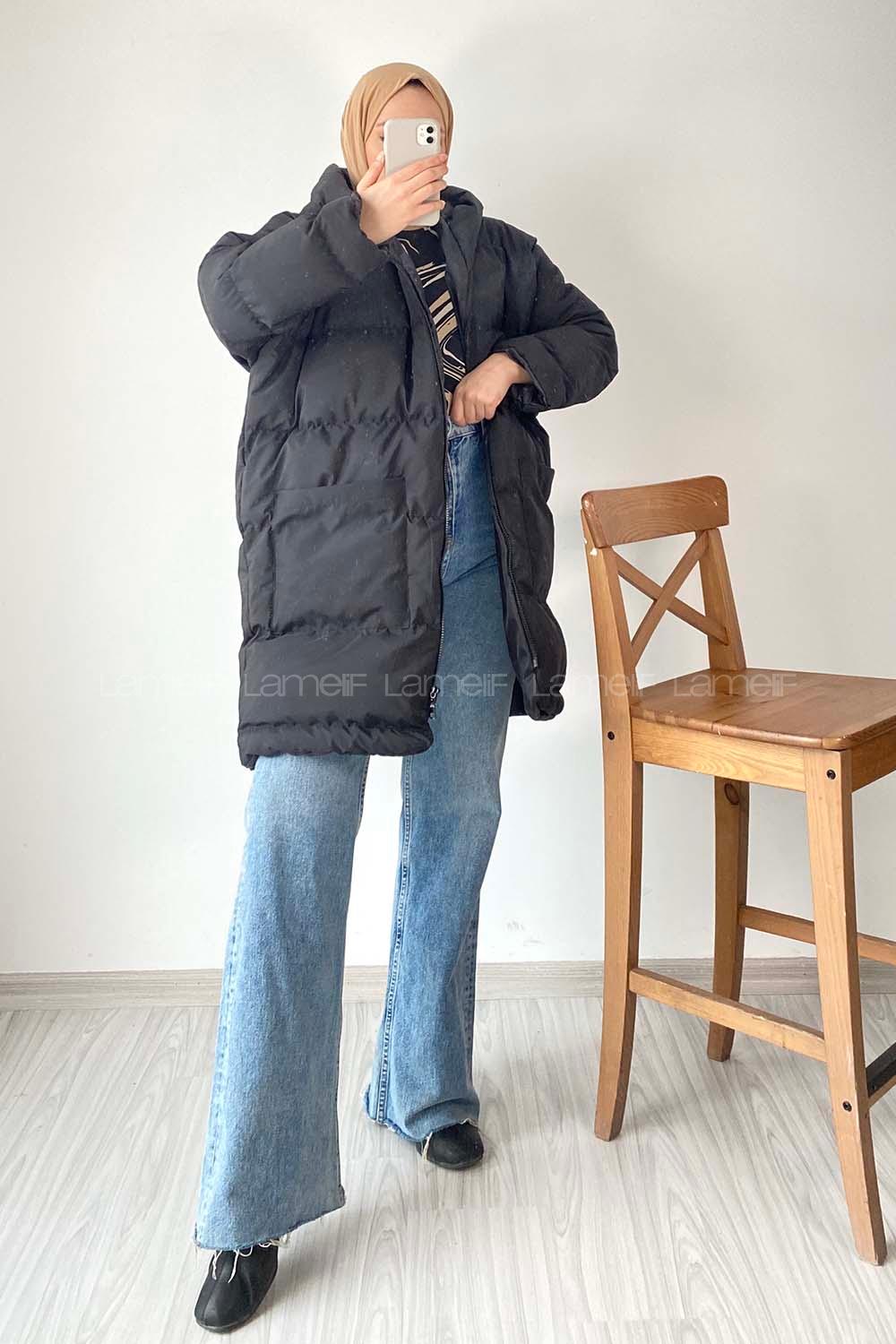 Modalamelif Önü Fermuarlı Şişme Mont Kapüşonlu Siyah