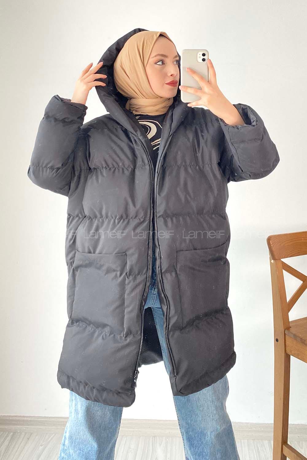 Modalamelif Önü Fermuarlı Şişme Mont Kapüşonlu Siyah