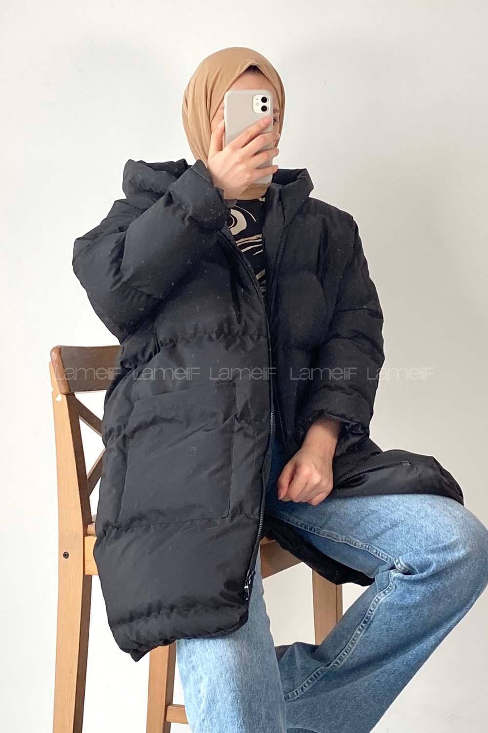 Modalamelif Önü Fermuarlı Şişme Mont Kapüşonlu Siyah