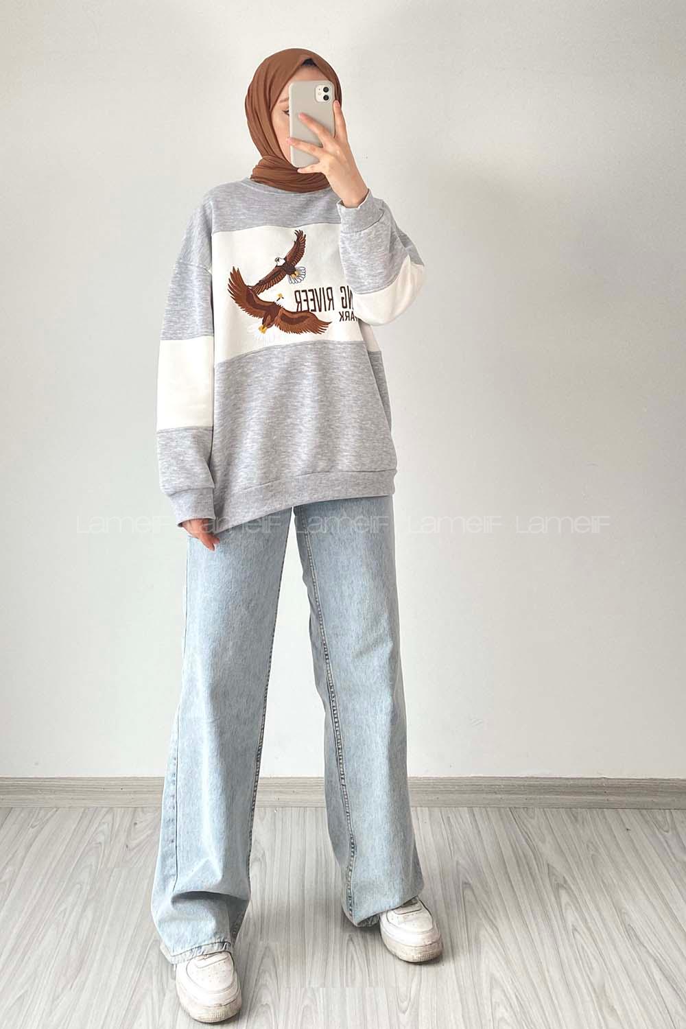 Modalamelif Renk Garnili Kartal Nakışlı Sweat Gri