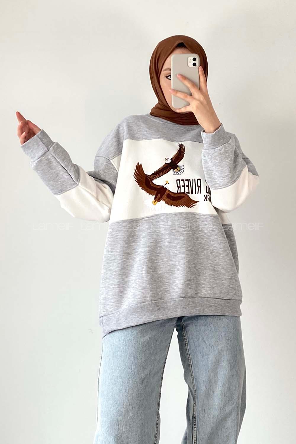 Modalamelif Renk Garnili Kartal Nakışlı Sweat Gri