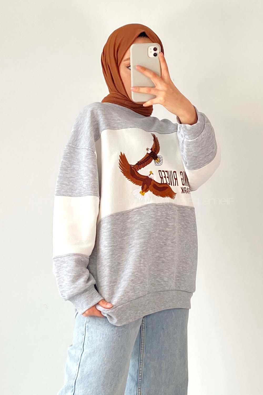 Modalamelif Renk Garnili Kartal Nakışlı Sweat Gri