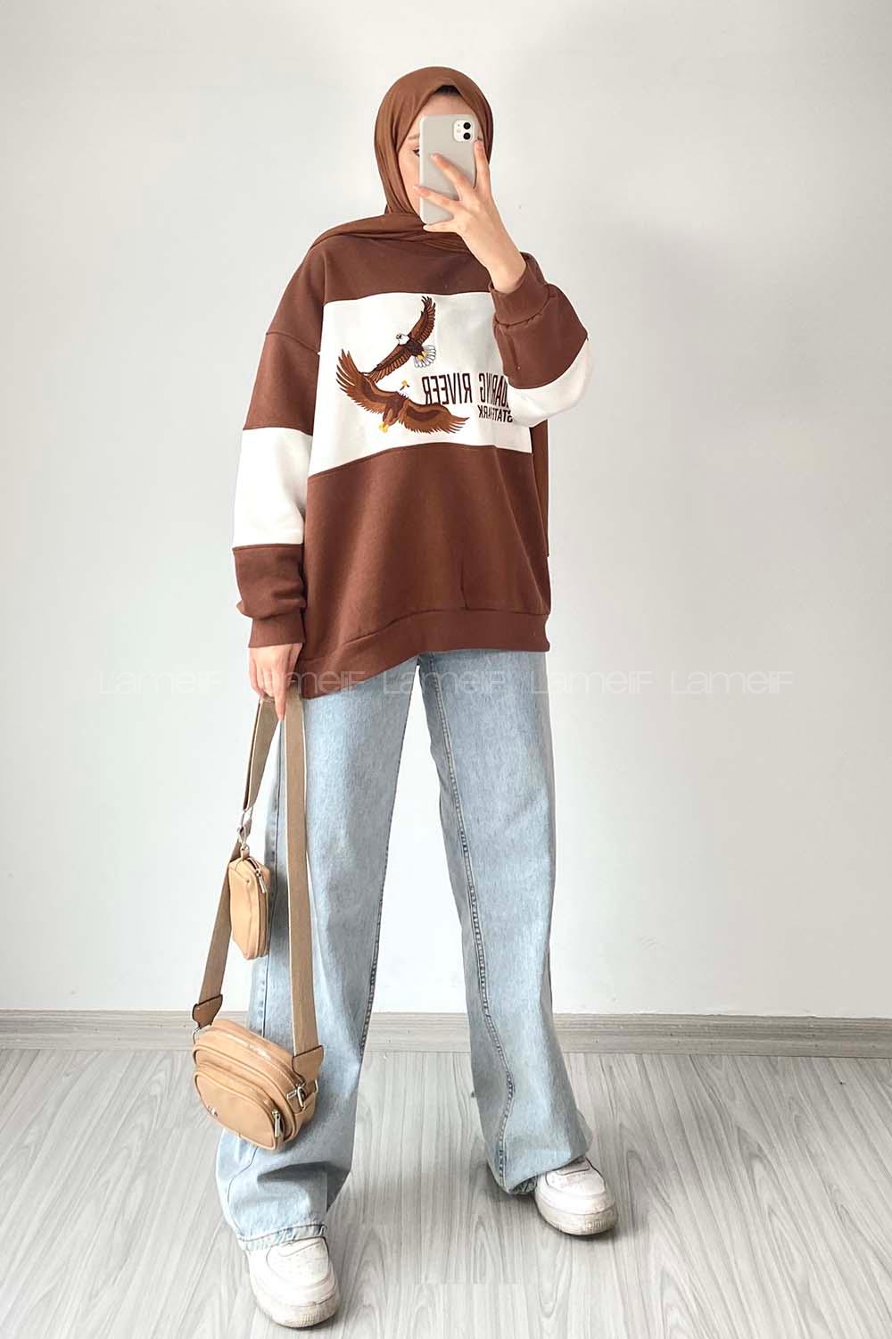 Modalamelif Renk Garnili Kartal Nakışlı Sweat Kahverengi