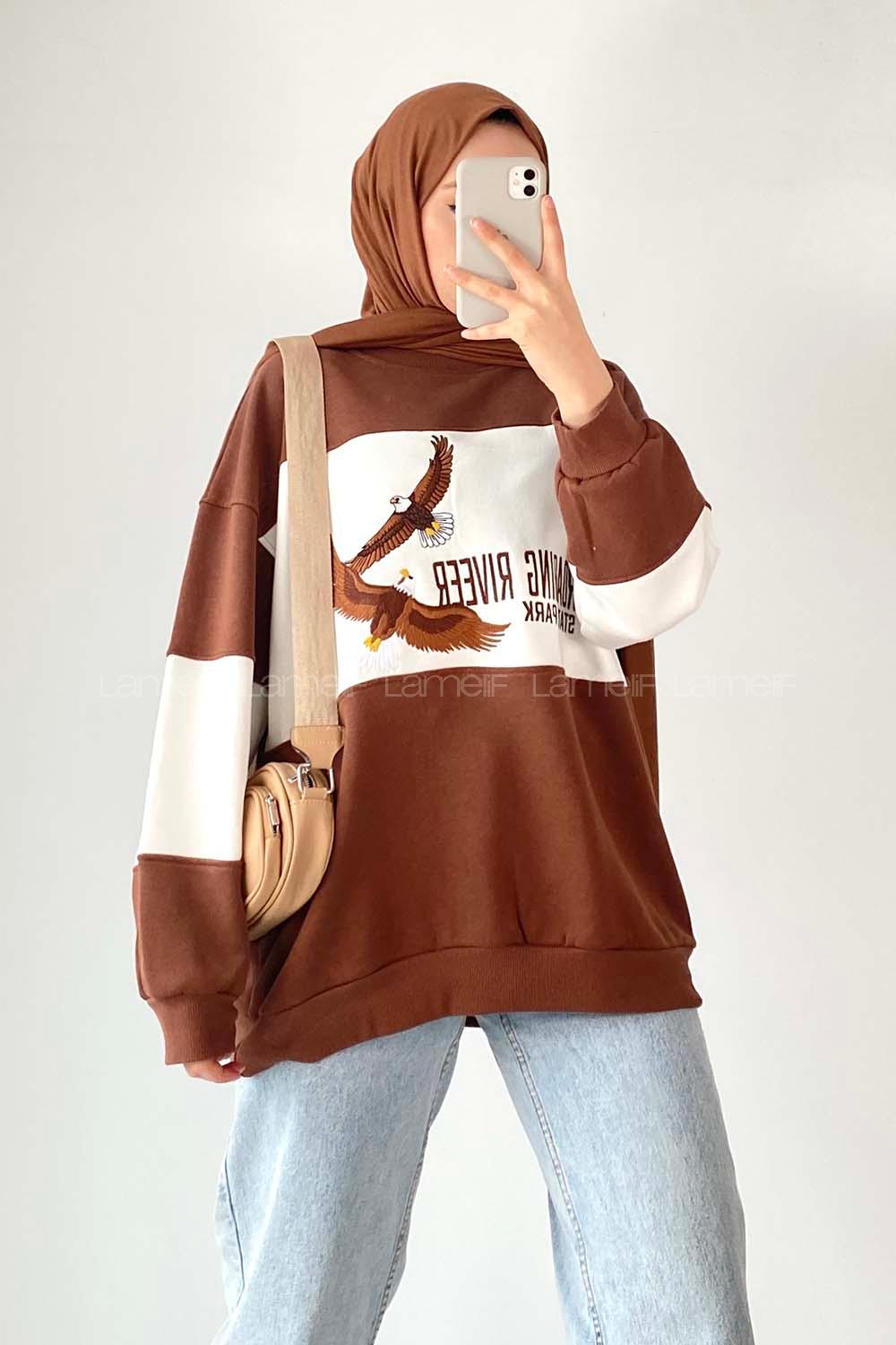 Modalamelif Renk Garnili Kartal Nakışlı Sweat Kahverengi