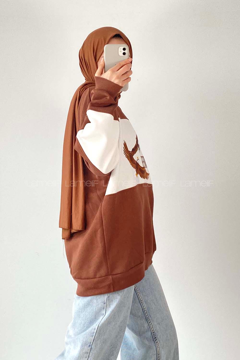 Modalamelif Renk Garnili Kartal Nakışlı Sweat Kahverengi