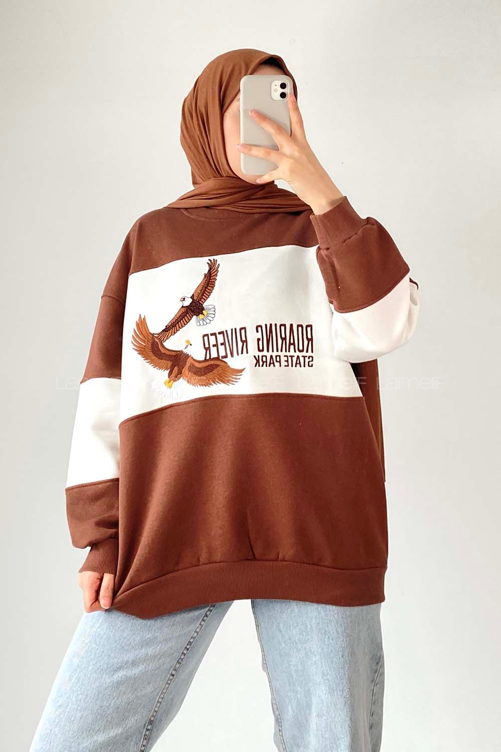 Modalamelif Renk Garnili Kartal Nakışlı Sweat Kahverengi