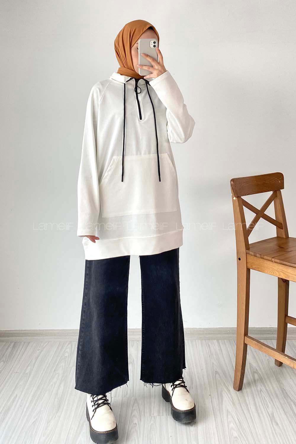 Modalamelif Sırt Smile Baskılı Fermuarlı Sweat Beyaz