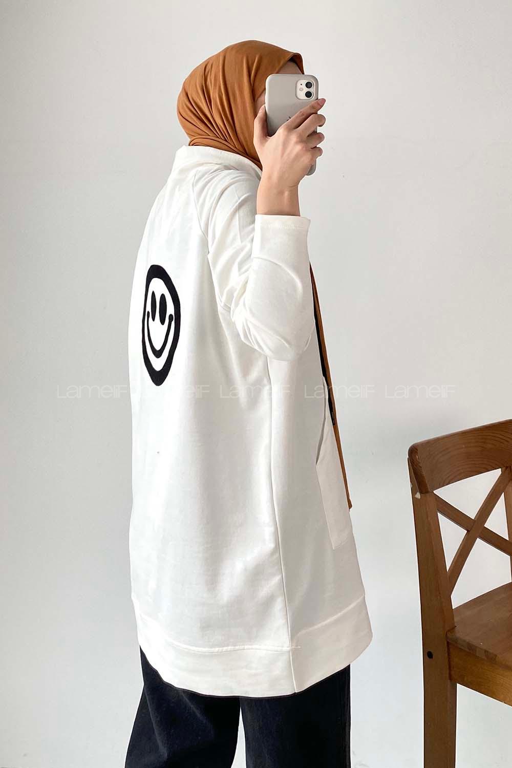 Modalamelif Sırt Smile Baskılı Fermuarlı Sweat Beyaz
