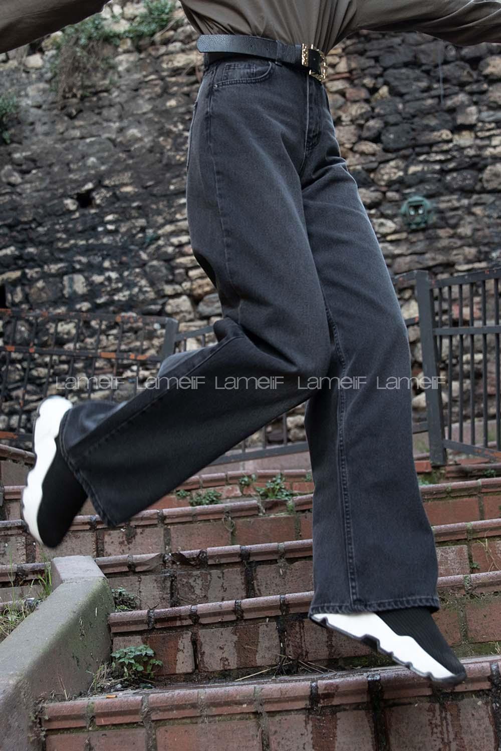 Lamelif Bol Paça  Dökümlü Jeans  Füme