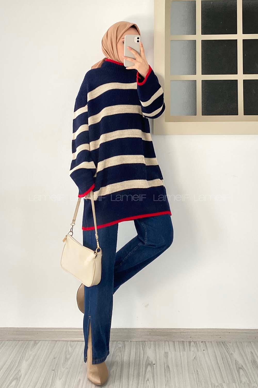 Modalamelif Çizgi Şeritli Garnili Triko Salaş Kazak Lacivert