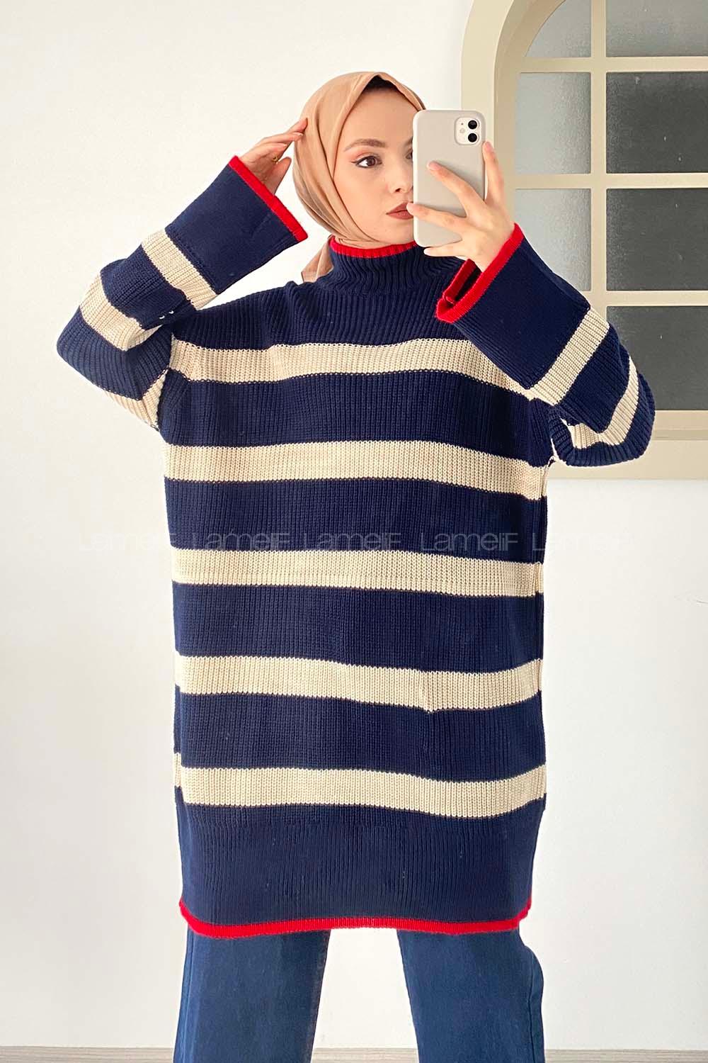 Modalamelif Çizgi Şeritli Garnili Triko Salaş Kazak Lacivert