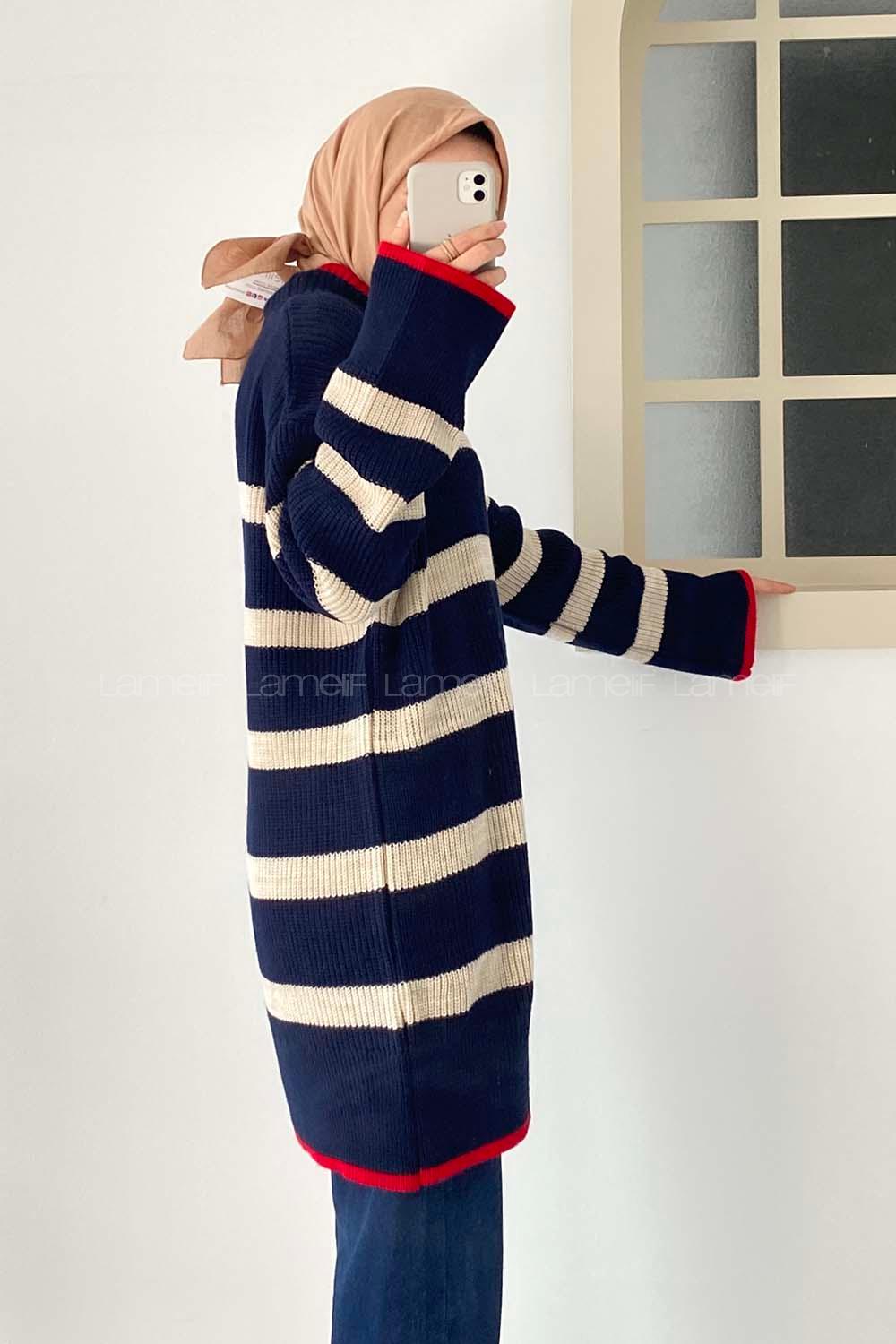 Modalamelif Çizgi Şeritli Garnili Triko Salaş Kazak Lacivert