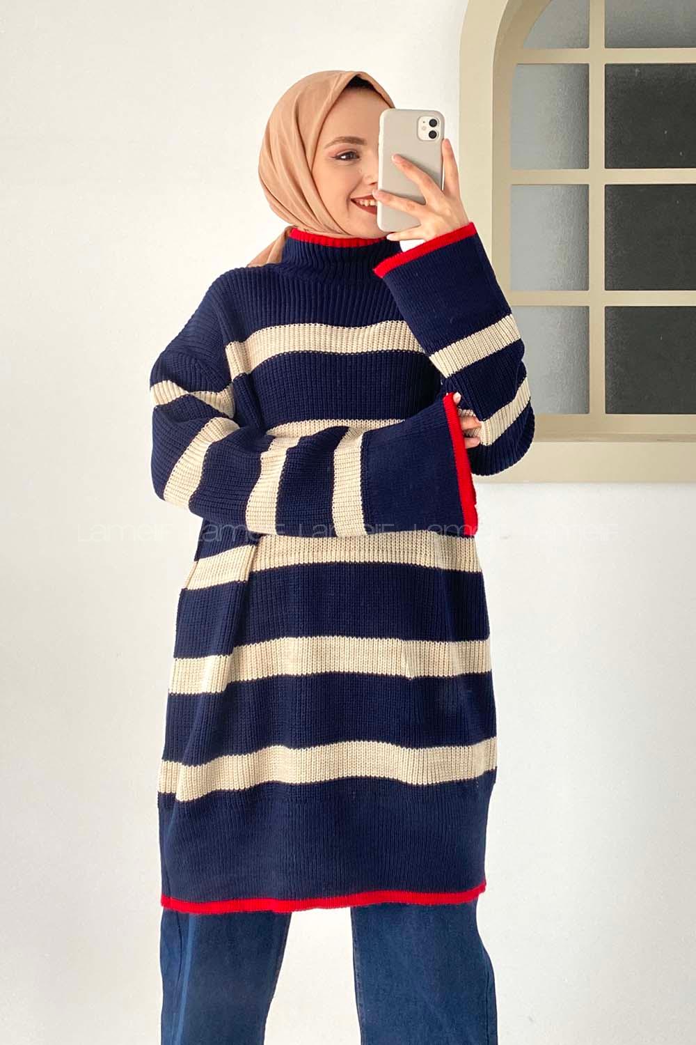 Modalamelif Çizgi Şeritli Garnili Triko Salaş Kazak Lacivert