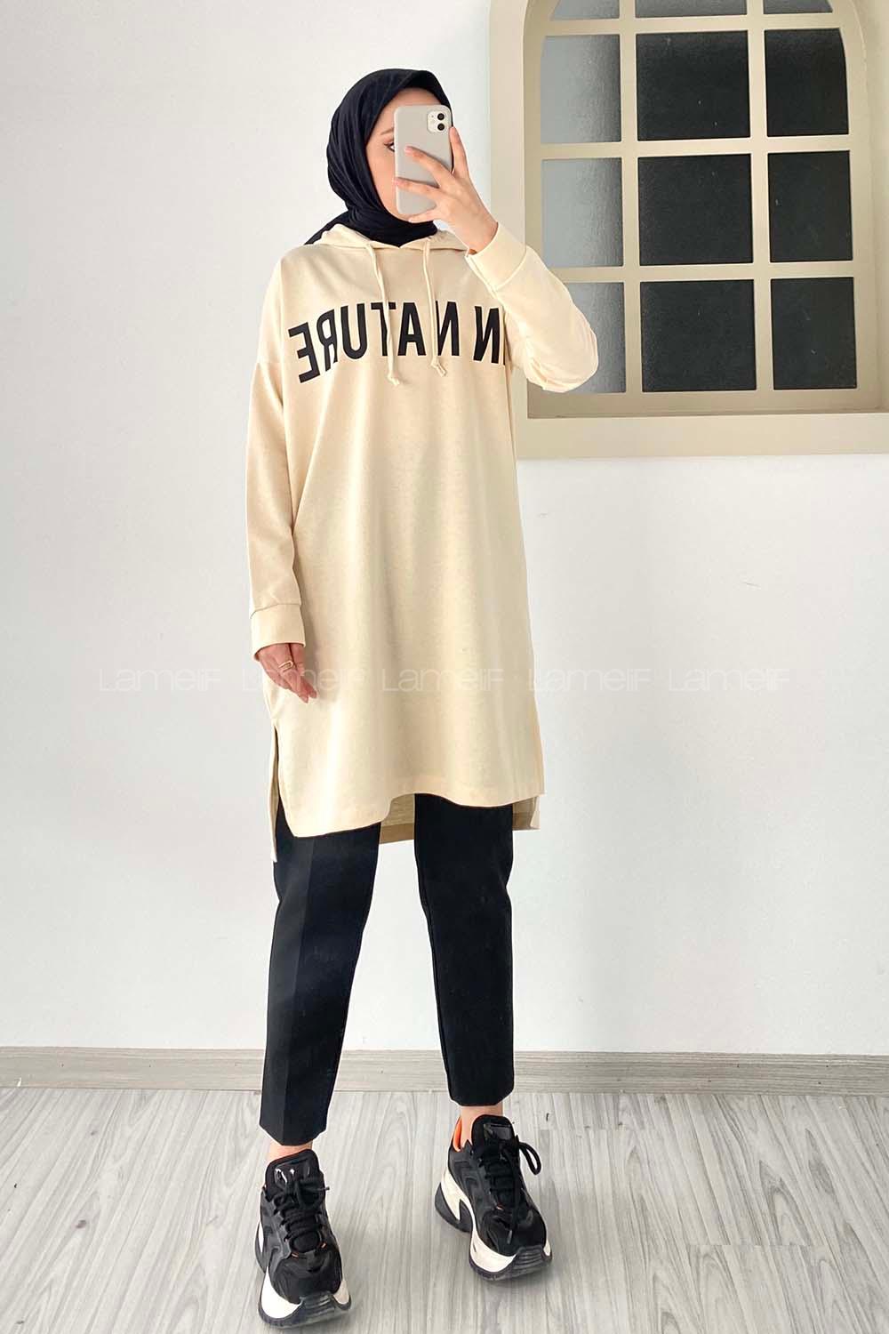 Modalamelif In Nature Yazı Baskılı Kapüşon Detaylı Uzun Tunik Krem
