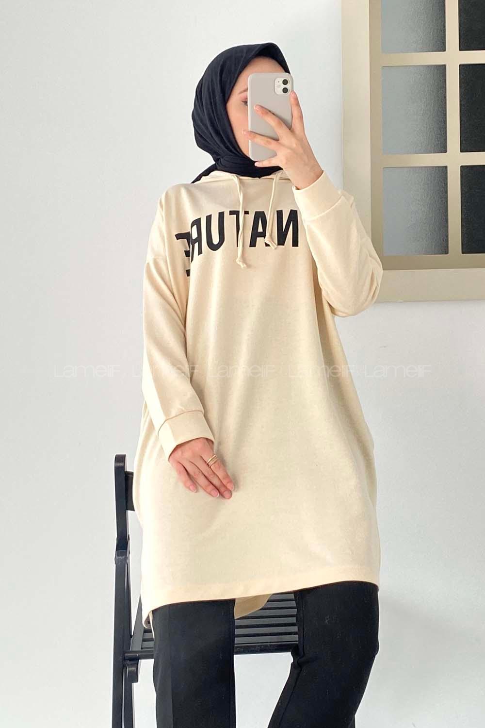 Modalamelif In Nature Yazı Baskılı Kapüşon Detaylı Uzun Tunik Krem