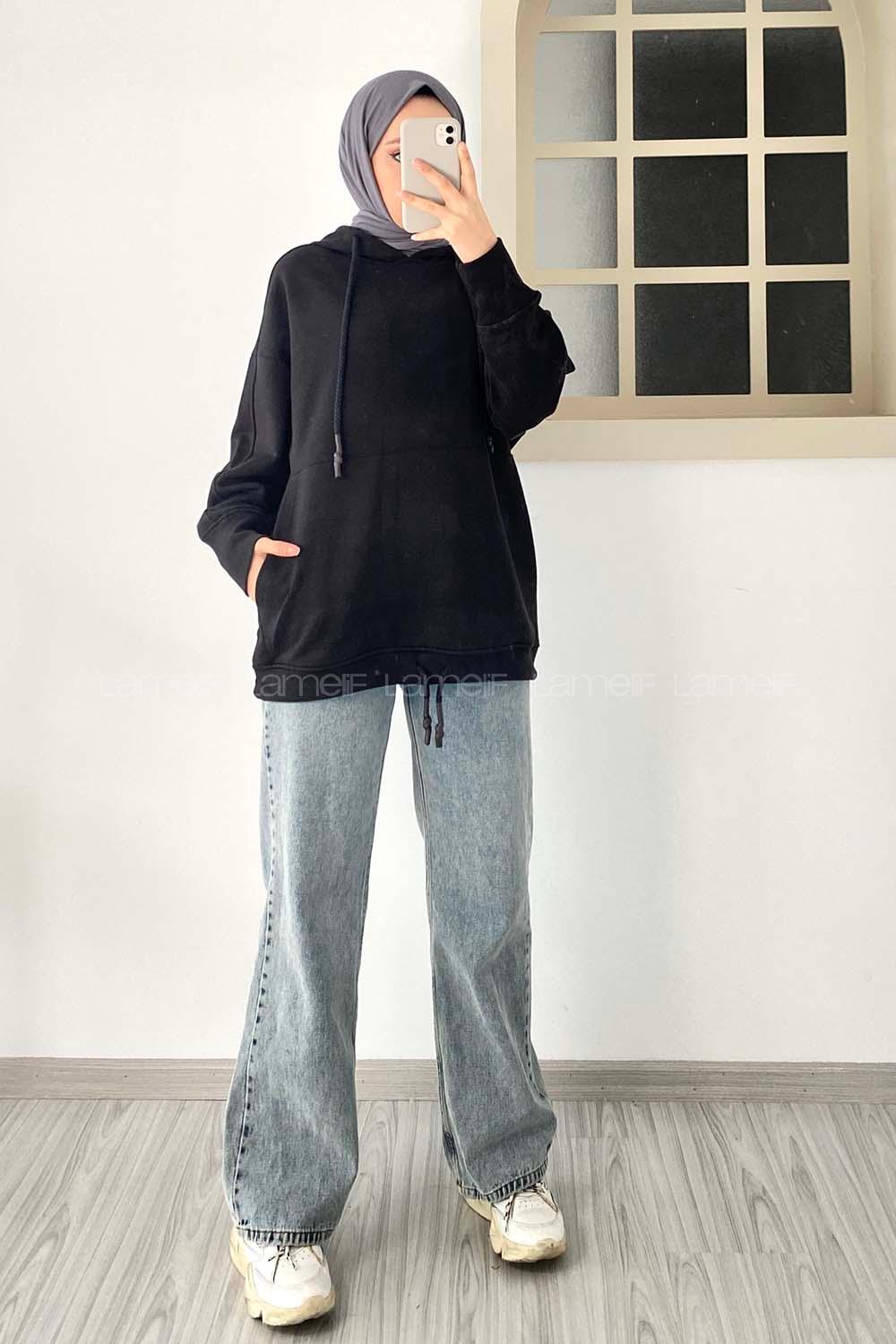 Black Hood Neck Long Arm Unprinted Sweatshirt