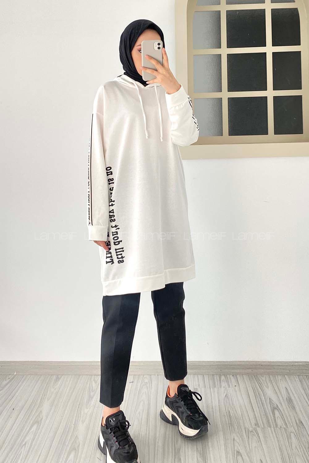 Modalamelif Still Don t  Yazı Baskılı Kapüşon Detaylı Sweat Beyaz