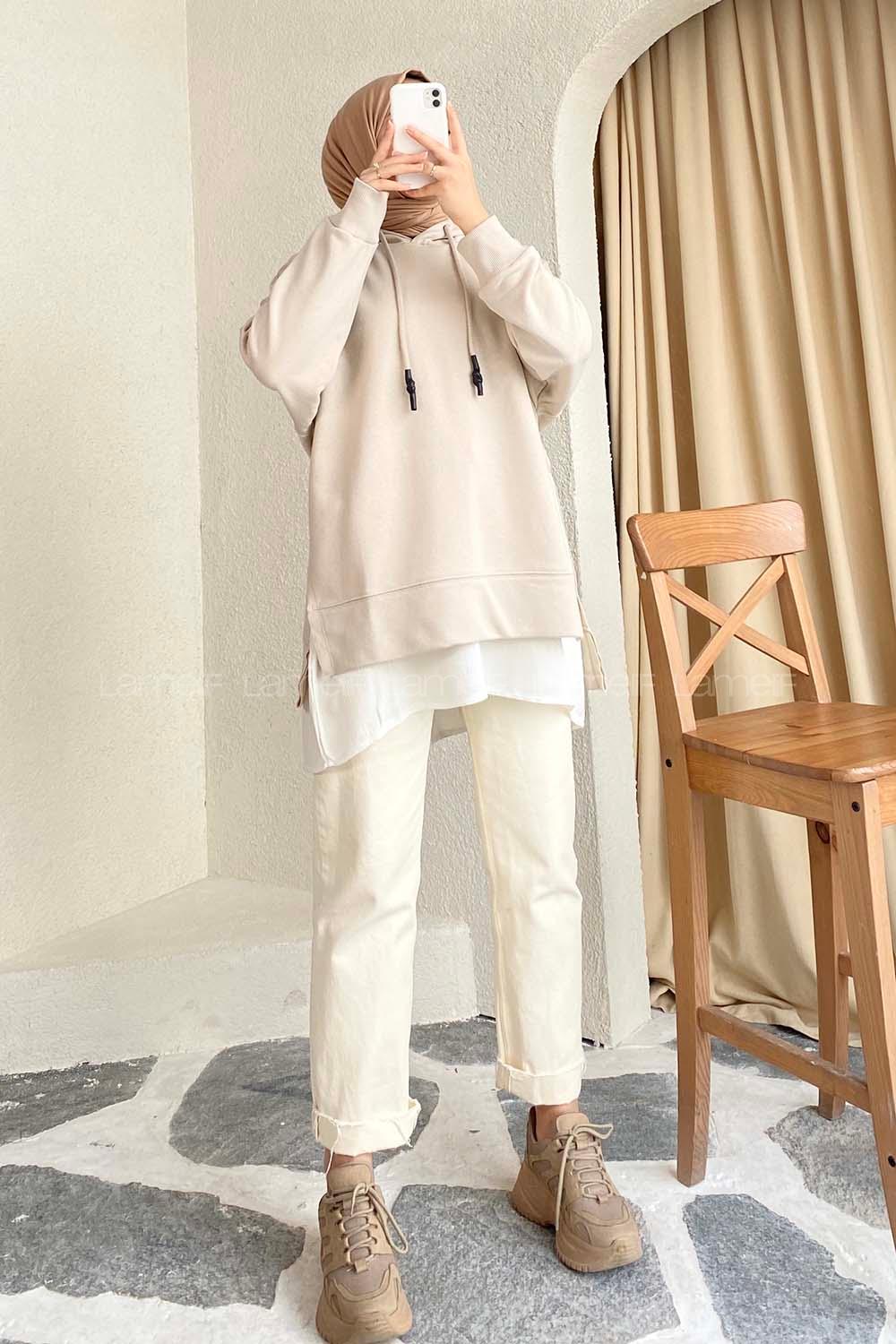 Modalamelif Etek Ucu Garnili Kapüşon Detaylı Yırtmaçlı Anabelle Sweat Bej