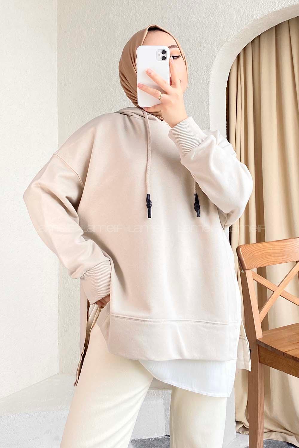 Modalamelif Etek Ucu Garnili Kapüşon Detaylı Yırtmaçlı Anabelle Sweat Bej
