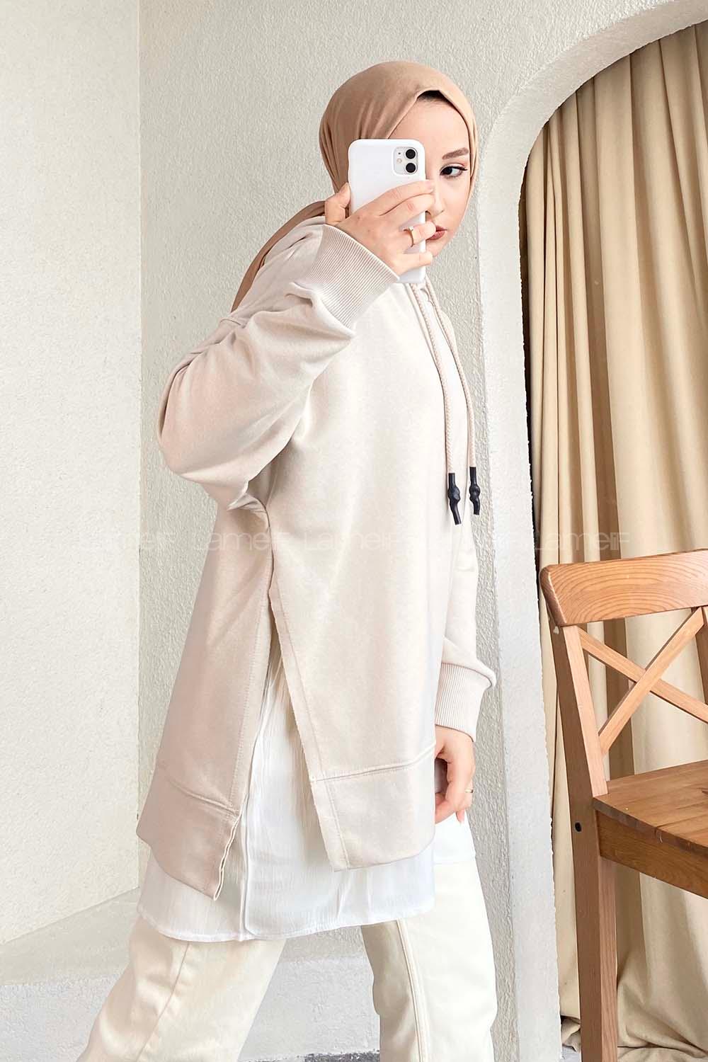 Modalamelif Etek Ucu Garnili Kapüşon Detaylı Yırtmaçlı Anabelle Sweat Bej