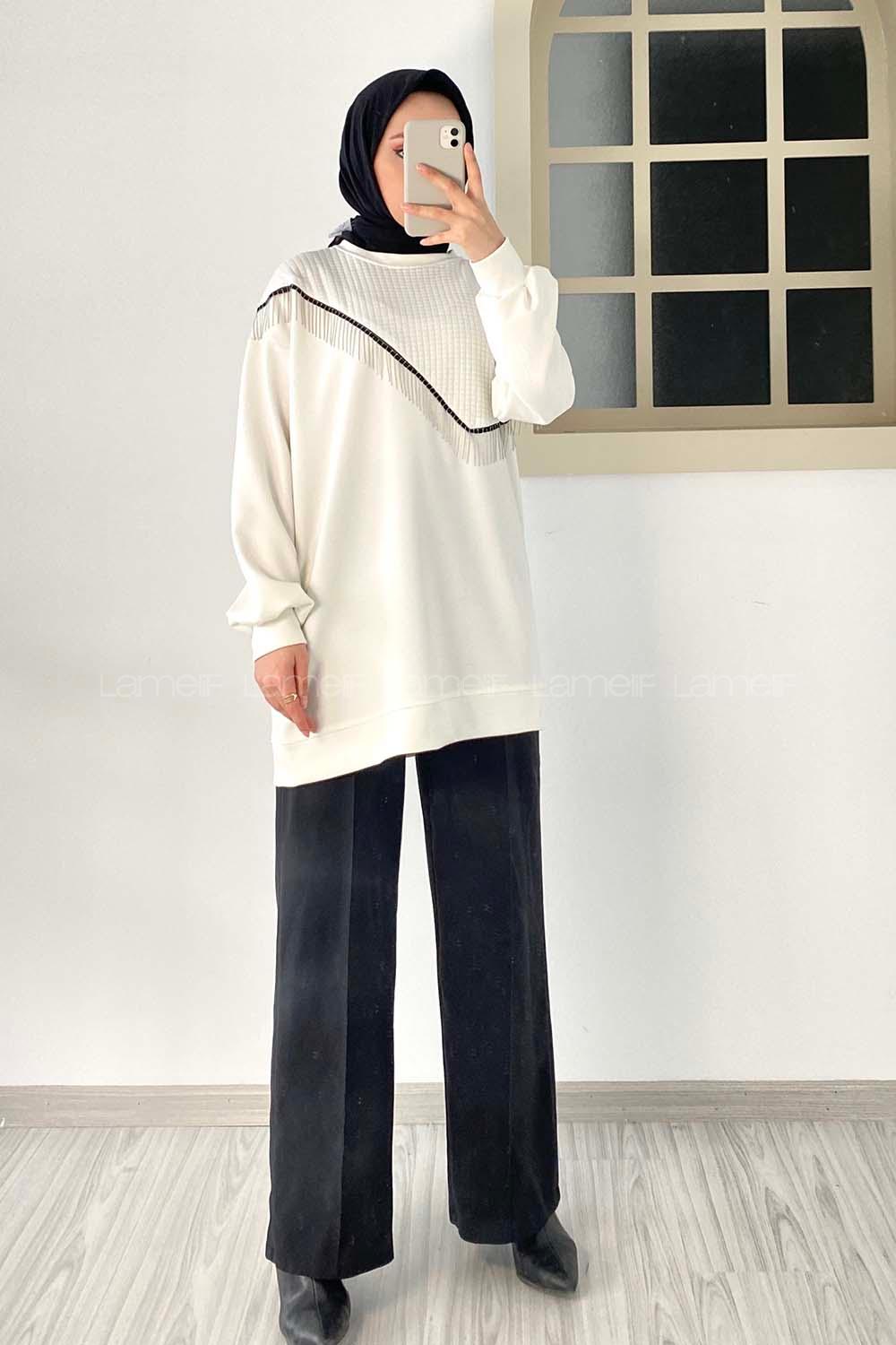 Modalamelif Bisiklet Yaka Püsküllü Kapitone Sweat Beyaz