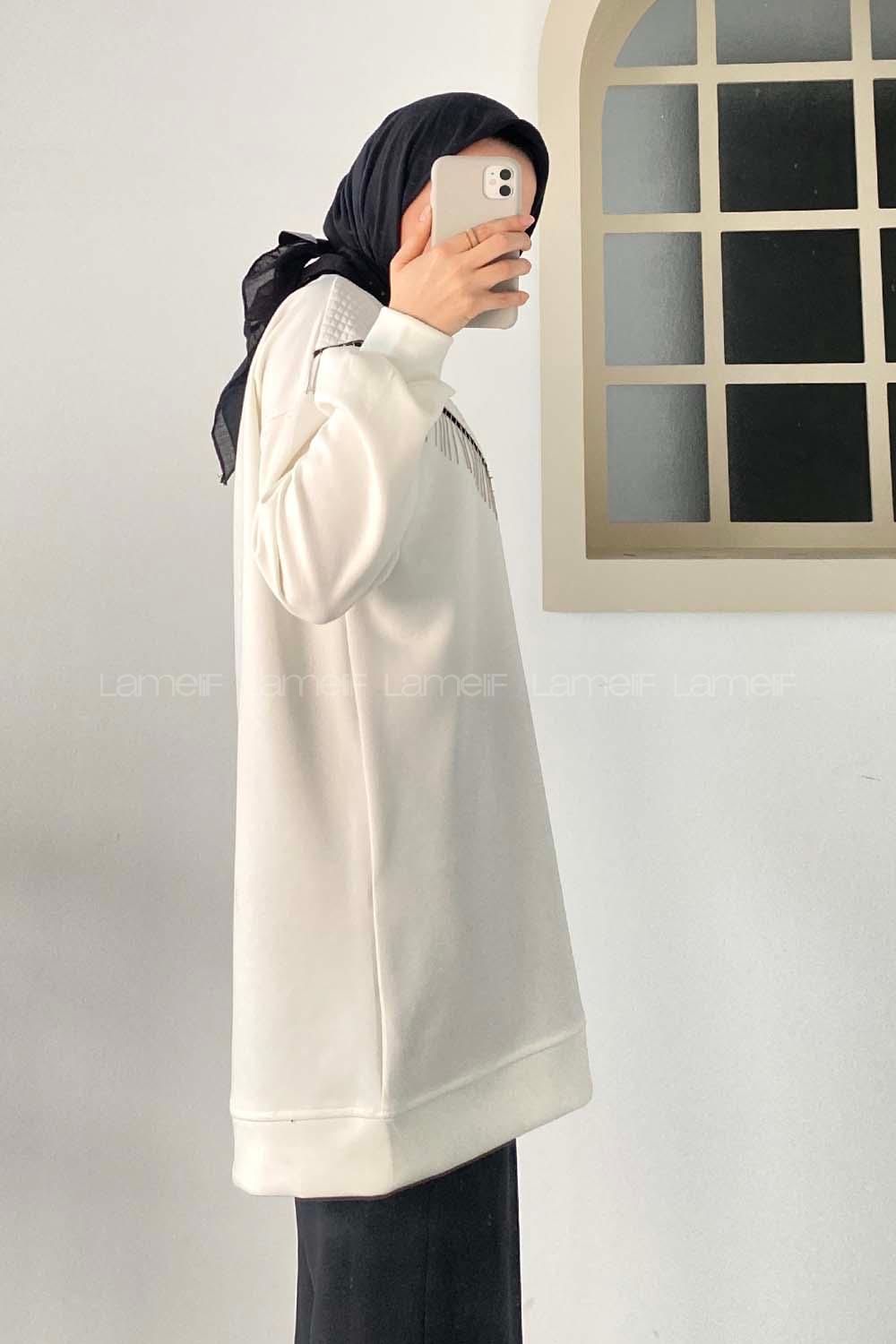 Modalamelif Bisiklet Yaka Püsküllü Kapitone Sweat Beyaz