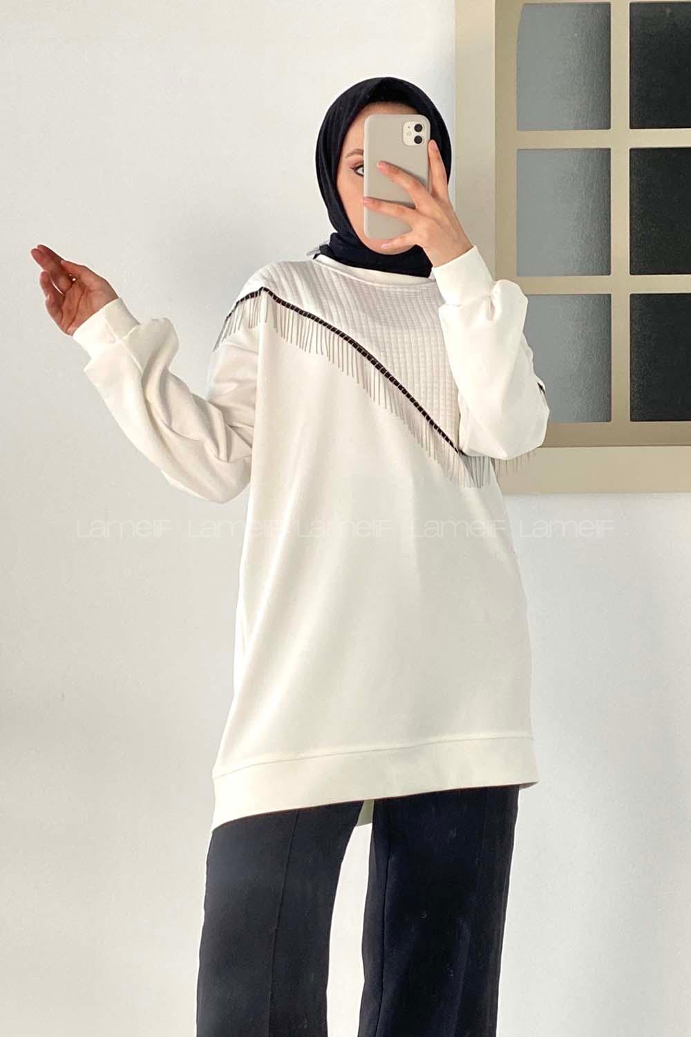 Modalamelif Bisiklet Yaka Püsküllü Kapitone Sweat Beyaz